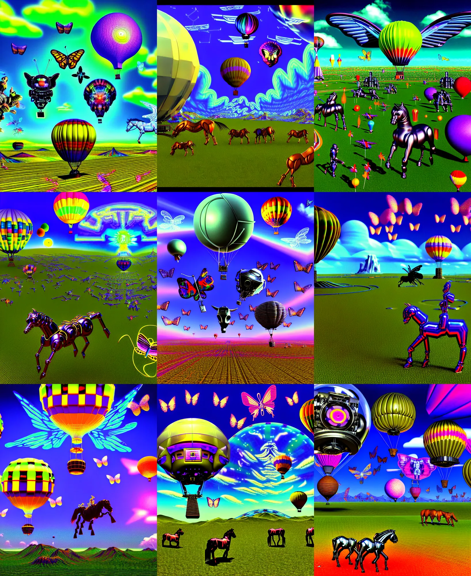 Prompt: 3 d render of cybernetic demoscene landscape with cyborg horses and hot air balloon with angel wings against a psychedelic surreal background with 3 d butterflies and 3 d flowers n the style of 1 9 9 0's demoscene cgi graphics, lsd dream emulator psx, 3 d rendered y 2 k aesthetic by ichiro tanida, 3 do magazine, wide shot