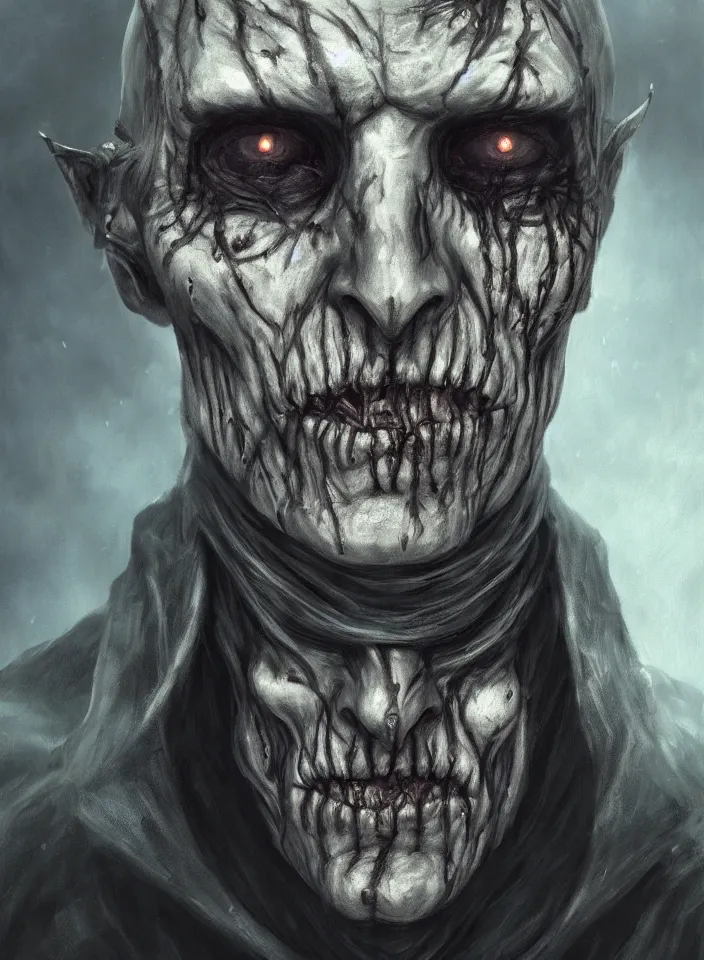 Prompt: a face portrait of a older man as an undead necromancer from skyrim, fantasy setting, beautiful face, serene colors, soft lighting, atmospheric, cinematic, moody, in the style of diego koi, gina heyer, luiz escanuela, art by alyssa monk, hyperrealism, rule of thirds, golden ratio, oil on canvas, 8 k