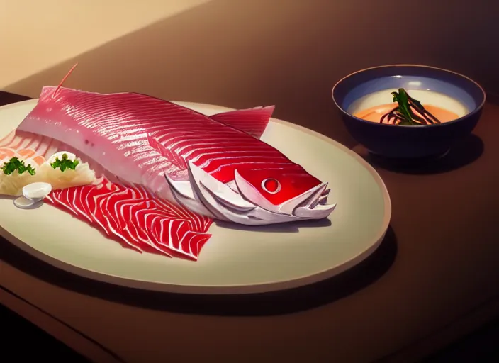 Image similar to a film still portrait of japanese food sashimi, finely detailed features, closeup at the food, perfect art, at a dinner table, gapmoe yandere grimdark, trending on pixiv fanbox, painted by greg rutkowski makoto shinkai takashi takeuchi studio ghibli, akihiko yoshida