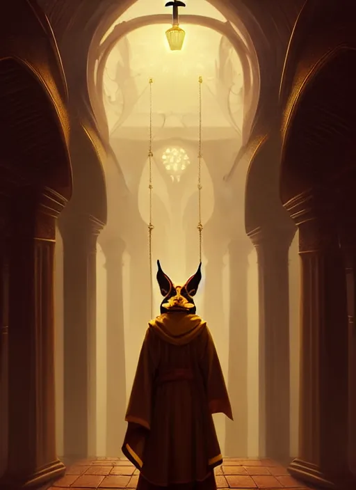 Image similar to surrealistic portrait of anthropomorphic caracal in golden priest clothes wearing vr in orthodox church, bokeh, foggy, dynamic lighting, darkness, ambients, dramatic, foggy, heavy bokeh and blur, cinematic, depth of field, art by bussiere rutkowski andreas rocha