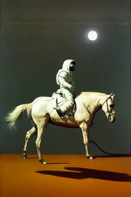 Prompt: a horse stands on the back of a horse dressed as an astronaut -, hauntingly surreal, highly detailed painting by francis bacon, edward hopper, adrian ghenie, gerhard richter, and james jean soft light 4 k,