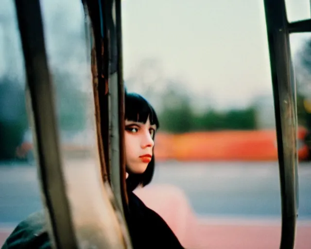 Image similar to lomo photo of shy goth girl sitting in empty bus, sunset, cinestill, bokeh