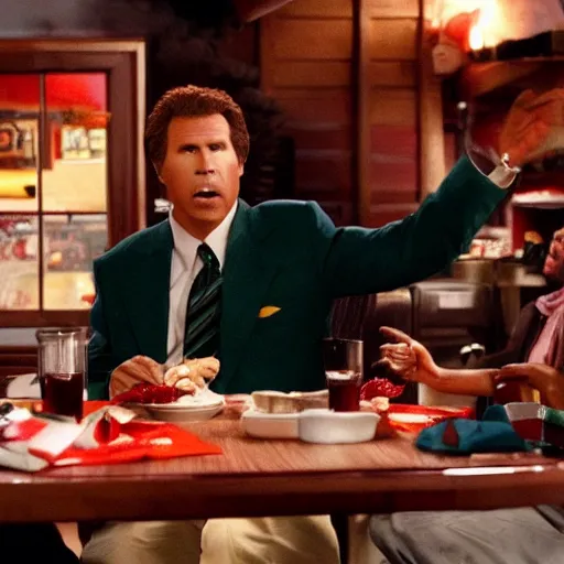 Image similar to scene from a movie that looks like a drama but it's a laugh hard comedy, will ferrell becoming addicted to spicy chicken wings, shot by darren aronofsky, 4 k