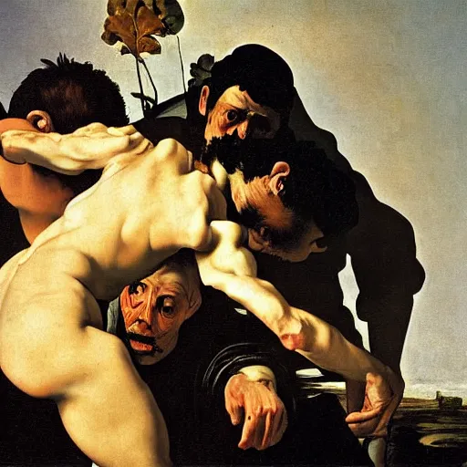 Prompt: impressionist painting of death and famine by caravaggio