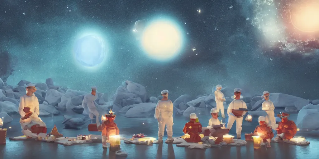 Image similar to twelve astronauts sitting by the river with a big holiday cake + octane render + planets and stars + mystical fog, super detail, high quality