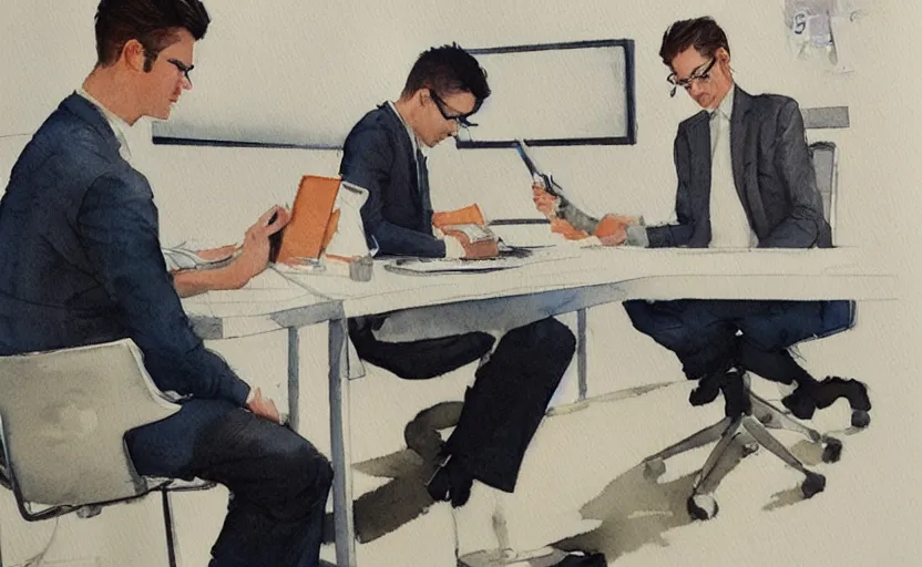 Image similar to concept art of a modern office life, pinterest, artstation trending, behance, watercolor, by coby whitmore *, silver, laser light *,