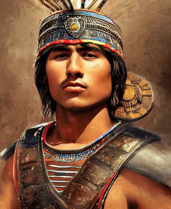 Prompt: portrait of a handsome young aztec warrior in old tenochtitaln, art by denys tsiperko and bogdan rezunenko, hyperrealism