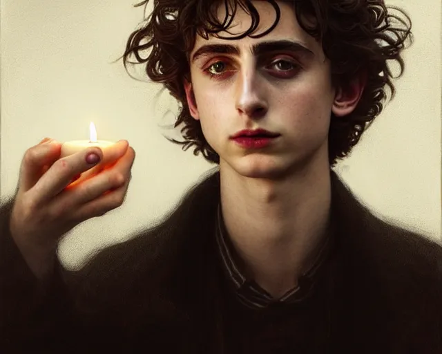 Image similar to a mind - blowing portrait of timothee chalamet, holding a candle holder, wearing dark maritime clothing, long night cap, deep focus, d & d, fantasy, intricate, elegant, highly detailed, digital painting, artstation, concept art, matte, sharp, illustration, hearthstone, art by artgerm and greg rutkowski and alphonse mucha