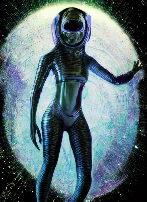 Prompt: girls astronaut in dark void underwater - complex and hyperdetailed technical suit design. reflection and dispersion materials. rays and dispersion of light. volumetric light. f / 3 2. noise film photo. flash photography. ultra realistic, 5 0 mm. poster by wayne barlowe, hajime sorayama aaron horkey, craig mullins