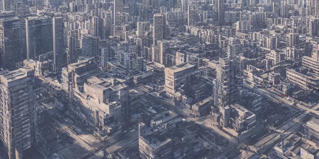 Prompt: drone view of a city with a large road through, Brutalist architecture,sharp focus,telephoto lens,digital art by Jordan Grimmer 4k