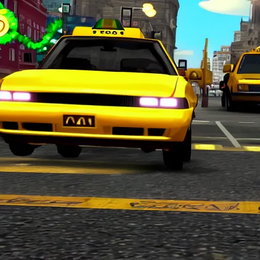 Prompt: ps 2 game about a frog driving a taxi, unreal 4 screenshot,