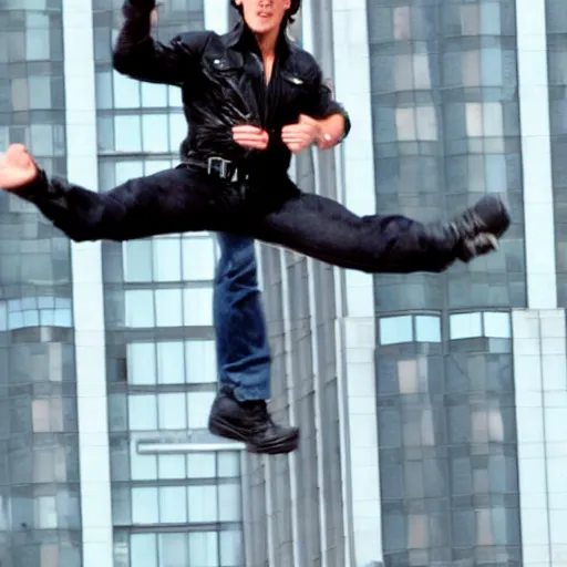 Prompt: Tom cruise jump from a building with a motorcycle