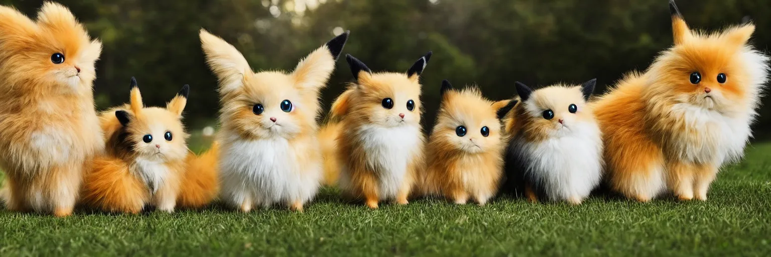 Image similar to different real life pokemons, cute!!!, content!!!, mischievous!!!, adorable!!!, little furballs, fluffy!!!, ultra realistic!!!, golden hour, sharp focus