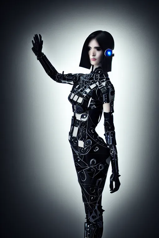 Image similar to beautifull cyberpunk woman model, wearing organic ceramic fractal armor, luxury materials, symmetrical, cinematic, elegant, professional studio light, real dlsr photography, sharp focus, 4 k, ultra hd, sense of awe, high fashion