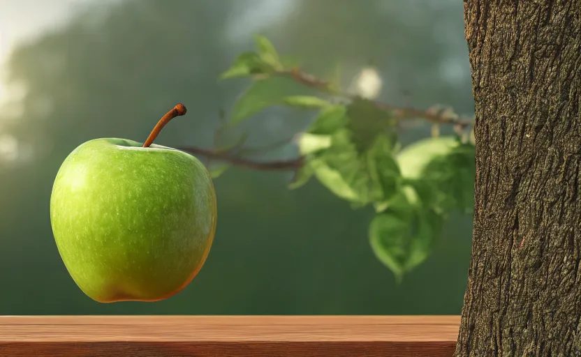 Image similar to a macro photo of a green apple on a wooden table at sunrise, hyperrealistic, some trees in the background, dof, octane render, unreal engine 5, trending on artstation, high quality, highly detailed, 8 k, soft lighting, path traced, beautiful, harmonious, complementary colors, serene scene, bloom, godrays, concept art