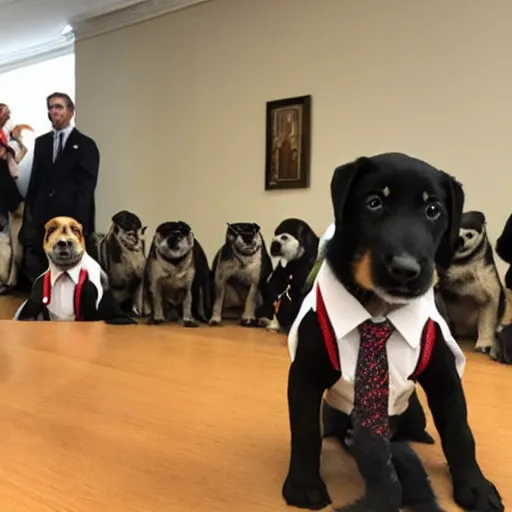 Image similar to a picture from a reporter covering the first ever meeting of the puppy senate, featuring puppies dressed in suits