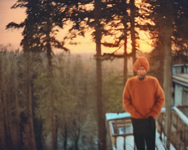 Image similar to lomographic tarkovsky film still of 4 0 years russian man with beard and sweater standing on small hrushevka 9 th floor balcony in taiga looking at sunset, cinestill, bokeh