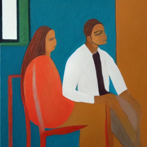 Prompt: a painting of a man and a woman sitting next to each other