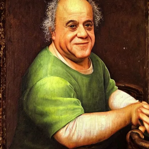 Prompt: renaissance painting of danny devito sitting on a stool, historical, artwork, oil painting, fresco painting, tempera painting