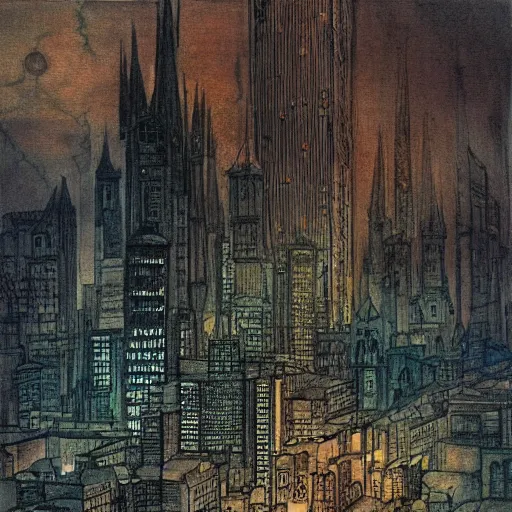 Image similar to A beautiful painting of a cityscape. The different colors and shapes represent different parts of the city. daguerreotype, bismuth by Chris Mars, by Arthur Rackham Trending on artstation, vfx