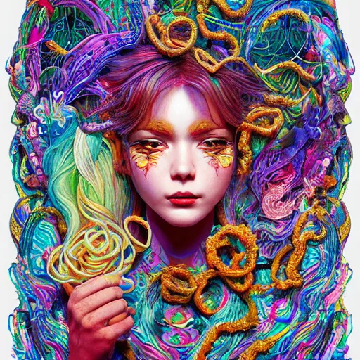 Image similar to the portrait of a ridiculously beautiful and pretty woman partially made of onion rings of all colors looking up, an ultrafine detailed illustration by james jean, final fantasy, intricate linework, bright colors, behance contest winner, vanitas, angular, altermodern, unreal engine 5 highly rendered, global illumination, radiant light, detailed and intricate environment