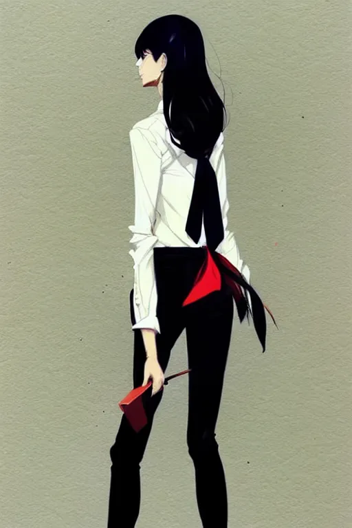 Image similar to a ultradetailed beautiful panting of a stylish woman, she is wearing a white shirt with a tie and black pants, by conrad roset, greg rutkowski and makoto shinkai trending on artstation