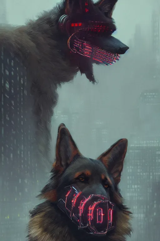 Image similar to new york city portrait of furry anthro anthropomorphic german shepard head animal person fursona wearing clothes strange cybernetic augmentations cyber muzzle gloomy rainy cyberpunk digital art by Greg Rutkowski, Simon Stalenhag, trending on Artstation, CGSociety