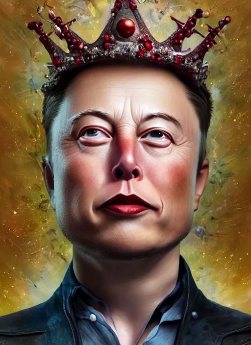 Image similar to closeup face profile portrait of tin toy elon musk as a fairytale prince wearing a crown eating cakes, depth of field, zeiss lens, detailed, symmetrical, centered, fashion photoshoot, by nicoletta ceccoli, mark ryden, lostfish, breathtaking, 8 k resolution, extremely detailed, beautiful, establishing shot, artistic, hyperrealistic, octane render