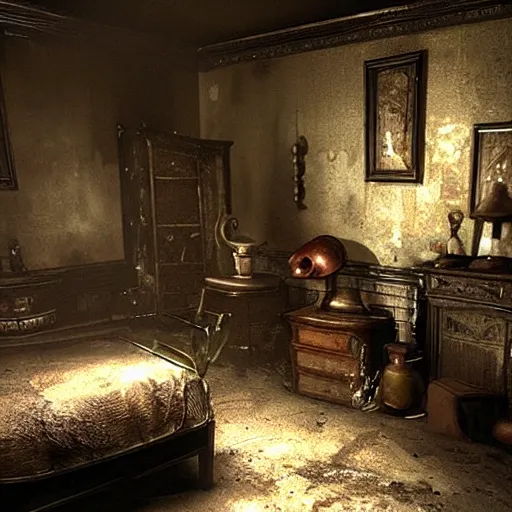 Image similar to room of a dark mansion, objects from ritual in the ground, realistic, highly detailed, background of resident evil game