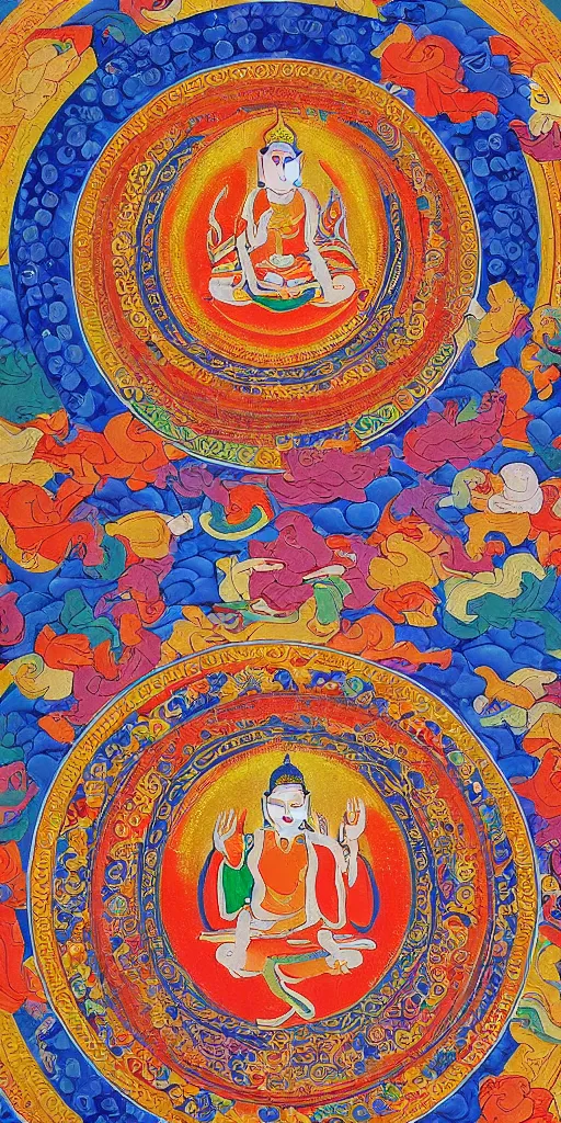 Image similar to The painting shows the Buddha Lotus in the center of a mandala. He is surrounded by a group of bodhisattvas and other figures. The whole painting is done in a bright, colorful style. by a Tibetan artist in the 13th century., Tibetan art, Thangka painting, Buddhist art.