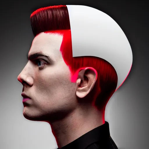 Prompt: fancy haircut, detailed, photograph, award wining, red and white, trending on artstation, 4 k, neon highlights