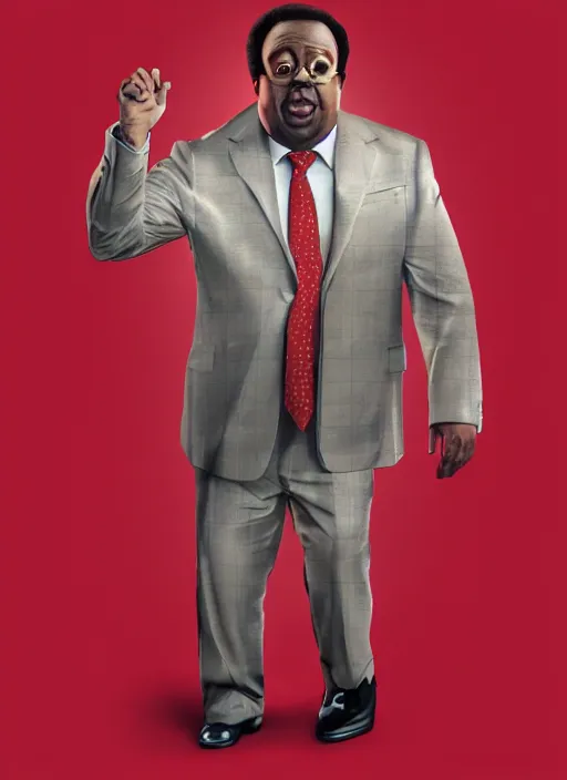 Prompt: ( ( ( hyperrealist portrait of leslie david baker as stanley hudson of the office television series ) ) ) by mike campau, head to waist, red background photorealistic, octane render, vibrant colors, unreal engine, dynamic lighting, perfect factions, very detailed faces, intricate detail, trending on artstation, poster, volumetric lighting, 4 k, award winning