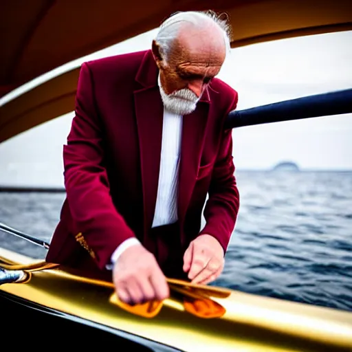 Image similar to wrinkled hunchbacked old man in burgundy suit, polishing painting the side of a gold plated mega yacht with a cloth, maintenance photo