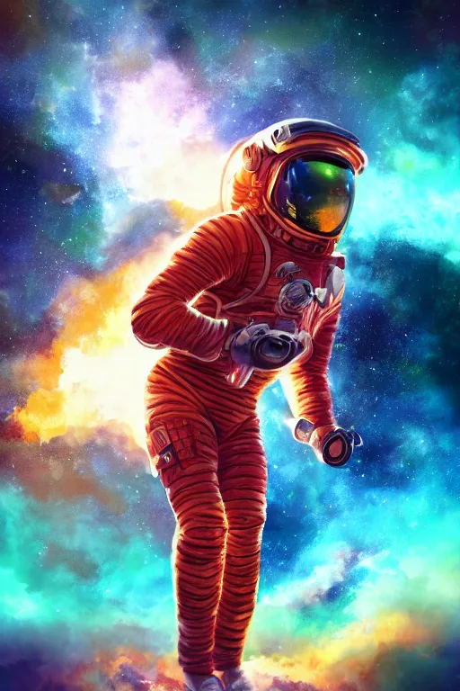 Prompt: cinematic action shot of a fit african-american male in an advanced spacesuit floating in front of exploding nebulae, detailed digital illustration trending on artstation by artgerm and rutkowski