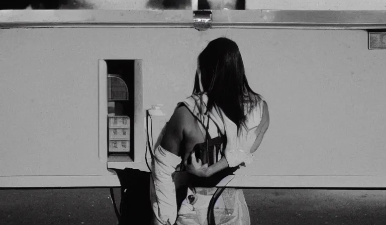 Prompt: A Filipino girl waits for a bus, 35mm film, by Gregg Araki