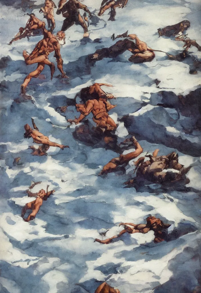 Prompt: cool plains dream ice frozen lake in the style of Frank Frazetta