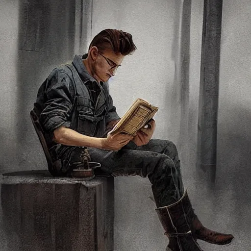 Image similar to a highly detailed epic cinematic concept art CG render digital painting artwork costume design: young James Dean as a well-kept neat anarchist rebel in 1950s USSR mechanic overalls and big boots, reading a book. By Greg Rutkowski, Ilya Kuvshinov, WLOP, Stanley Artgerm Lau, Ruan Jia and Fenghua Zhong, trending on ArtStation, subtle muted cinematic colors, made in Maya, Blender and Photoshop, octane render, excellent composition, cinematic atmosphere, dynamic dramatic cinematic lighting, aesthetic, very inspirational, arthouse