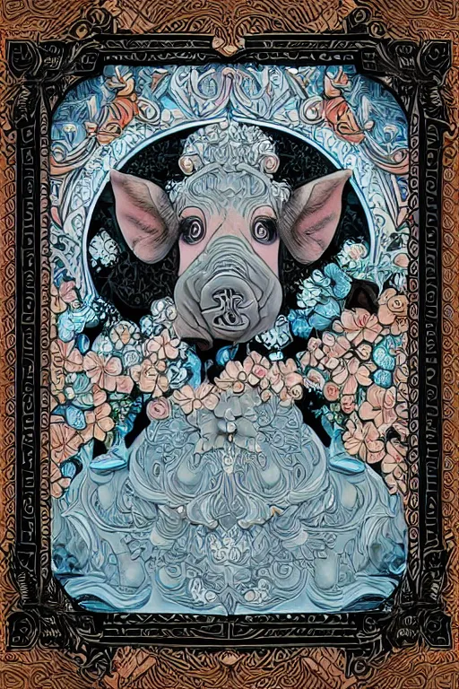 Image similar to Painted dark-wood panel relief carving of a Flowerpunk Piglet, White and pale blue toned, ornate border frame, explosion of colorful flowers, dark wood, intricately carved, black ink, festival of rich colors, intricate details, cinematic lighting, volumetric lighting, post-processing, art nouveau, tarot, fractal art, mandala, by andreas rocha and john howe, and Martin Johnson Heade, featured on artstation, featured on behance, golden ratio, hyper detailed, photorealistic, epic composition, center spotlight, f32, well composed, symmetrical, UE5, 8k