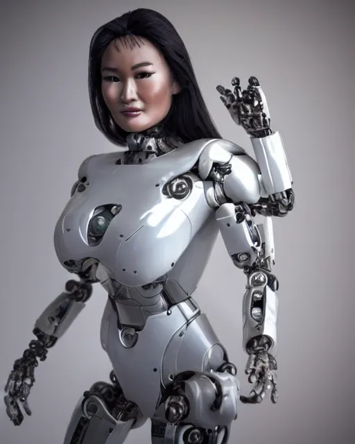 Image similar to blissful young tia carrere as a solarpunk mecha humanoid robotic parts with bright led lights, real human face, pudica pose gesture, by michelangelo, in white room, ultra - realistic and intricate, portrait shot 8 k