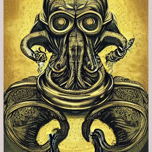 Prompt: hyperrealistic portrait of cthulhu wearing a golden mask beneath a night sky