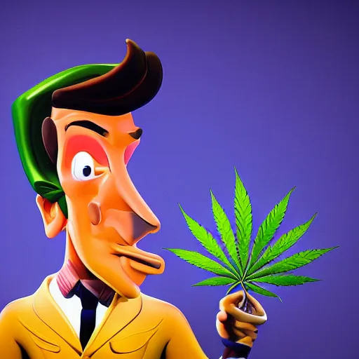 Image similar to cartoon portrait of a cannabis themed character. octane 4 k render by eyvind earle, australian award winning political comedy illustration