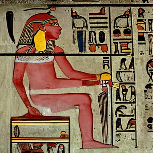 Prompt: a man using a computer, artwork by ancient egyptian mural, tomb, fresco, register, hieroglyphics.