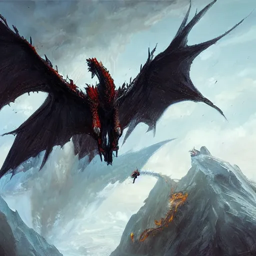 Image similar to oil painting of deathwing dragon flying down on earth by greg rutkowski