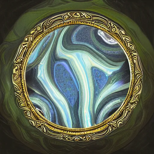 Image similar to in the center lays an ancient chromed artifact in the shape of a heavy ring, ornate with gentle shine from within. the ring lays on top of a marbled pedestal. the pedestal is in front of a dark misty balcony at night. beautiful lighting. dark moody fantasy art, realistic still life renaissance pastel painting.