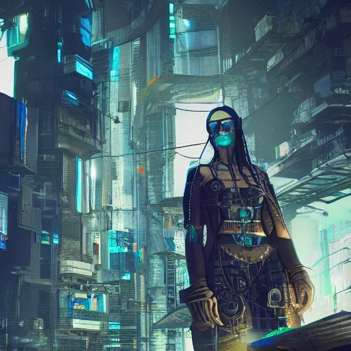 Prompt: cyberpunk architect druid constructing an adventure, 4 k, dramatic lighting