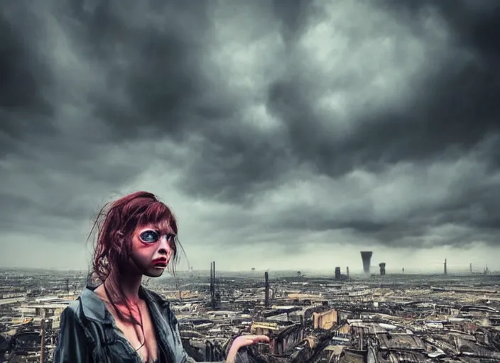 Prompt: mysterious sad rotten girl wrapped in smoke observing a big industrial city metropoli in the distance, cloudy sky, highly detailed, detailed face, intricate complexity, epic composition, magical atmosphere, cinematic lighting, masterpiece, color picture, ultra hd