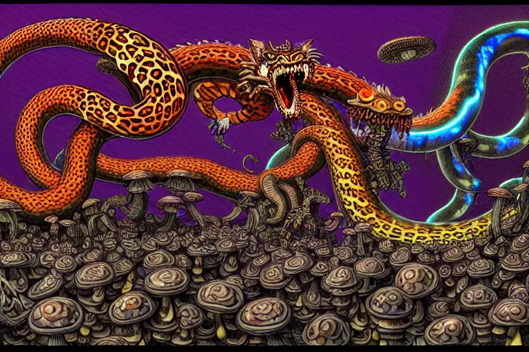 Image similar to a detailed digital art painting of a cyberpunk magick oni dragon with occult futuristic effigy of a beautiful field of mushrooms that is a adorable leopard atomic latent snakes in between ferret biomorphic molecular hallucinations in the style of escher, alex grey, stephen gammell inspired by realism, symbolism, magical realism and dark fantasy, crisp,