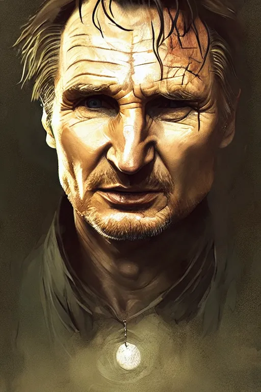 Image similar to liam neeson, sorcerer, lord of the rings, tattoo, decorated ornaments by carl spitzweg, ismail inceoglu, vdragan bibin, hans thoma, greg rutkowski, alexandros pyromallis, perfect face, fine details, realistic shaded