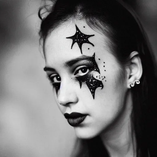 Prompt: beautiful young woman with micron pen ink face tattoos stares at the camera, night sky, stars in background, bruce gilden, leica s, fuji 8 0 0, grainy, low light