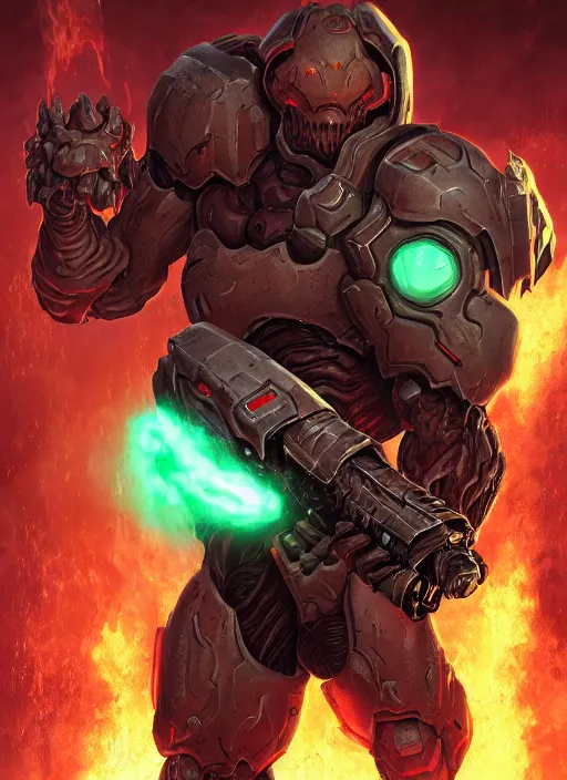 Image similar to ( doom ) cover featuring doom slayer!! cyberdemon!! by kenneth scott, artstation, vivid gaze